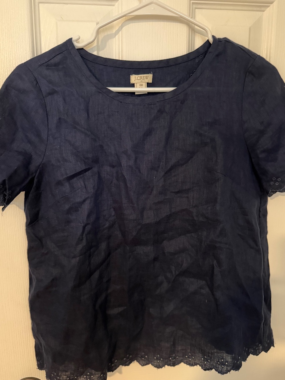 J. Crew Navy Linen Eyelet-Hem Short Sleeve Top 100% linen